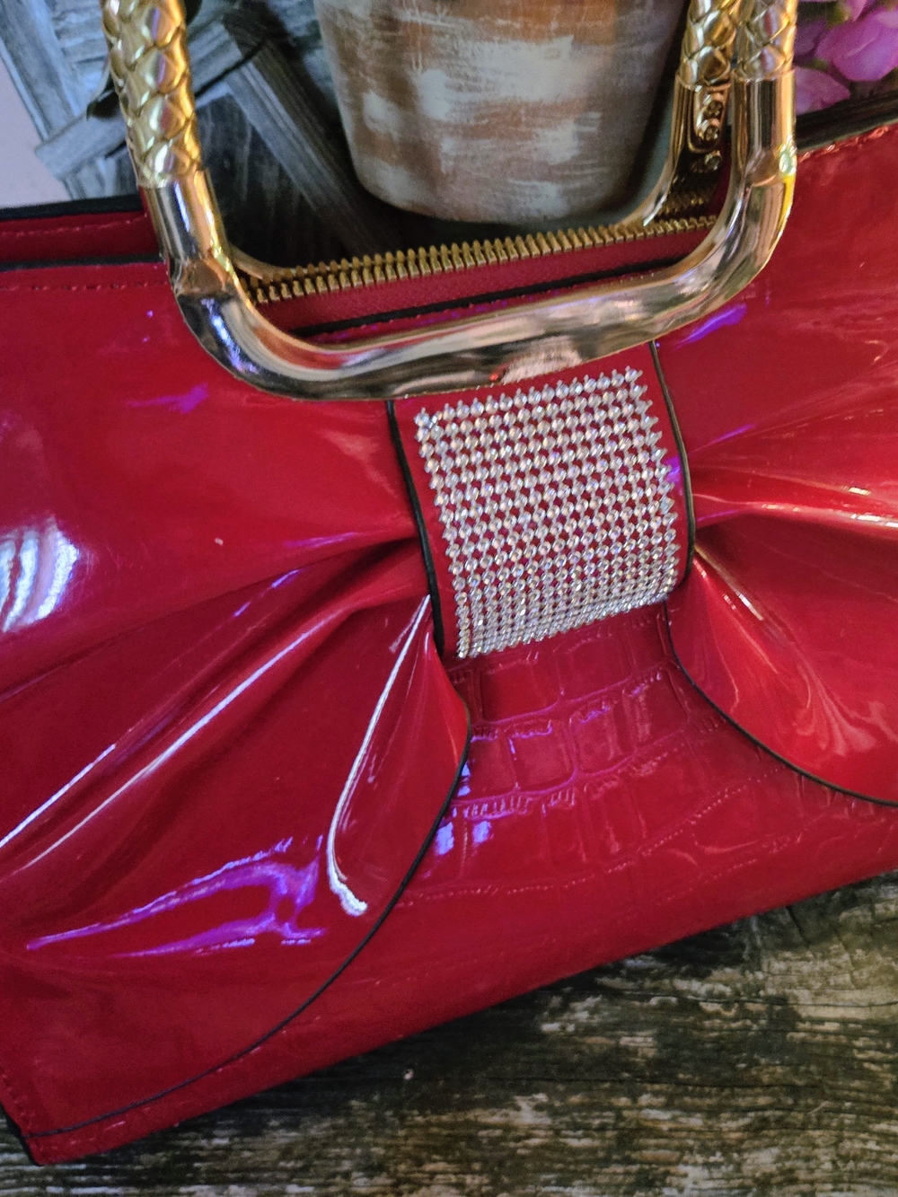 Red Patent Bow-Accent Women’s Handbag with Gold Handles